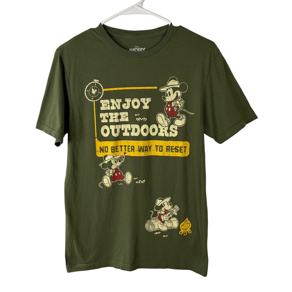 Disney Mickey Mouse Enjoy the Outdoors Camping Graphic T-Shirt Olive Green Small
